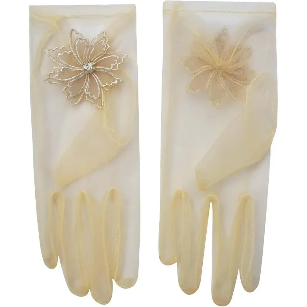 Women's Floral Navy Blue Diamond Flower Gloves Tulle Tea Opera Party Elegant